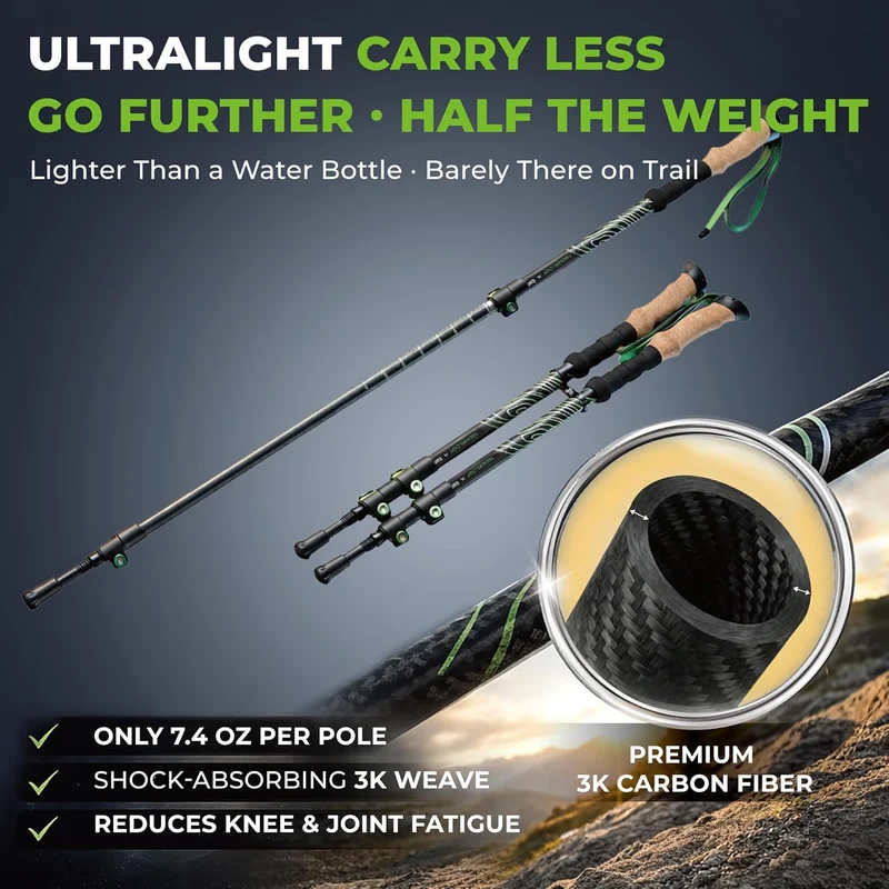 TREKOLOGY 3K Carbon Fiber Hiking Poles - 210g Ultralight Telescopic Walking Sticks & 10pc Kit(CA)