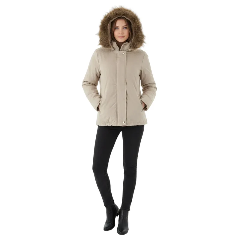 Bleiben Sie kuschelig und schick mit unserer Jacke mit dickem Pelzkragen.