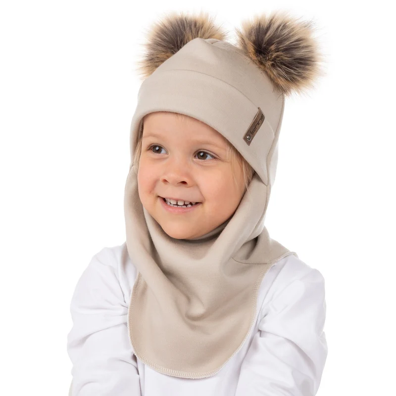 Beige Merinowoll-Sturmhaube mit doppeltem Bommel