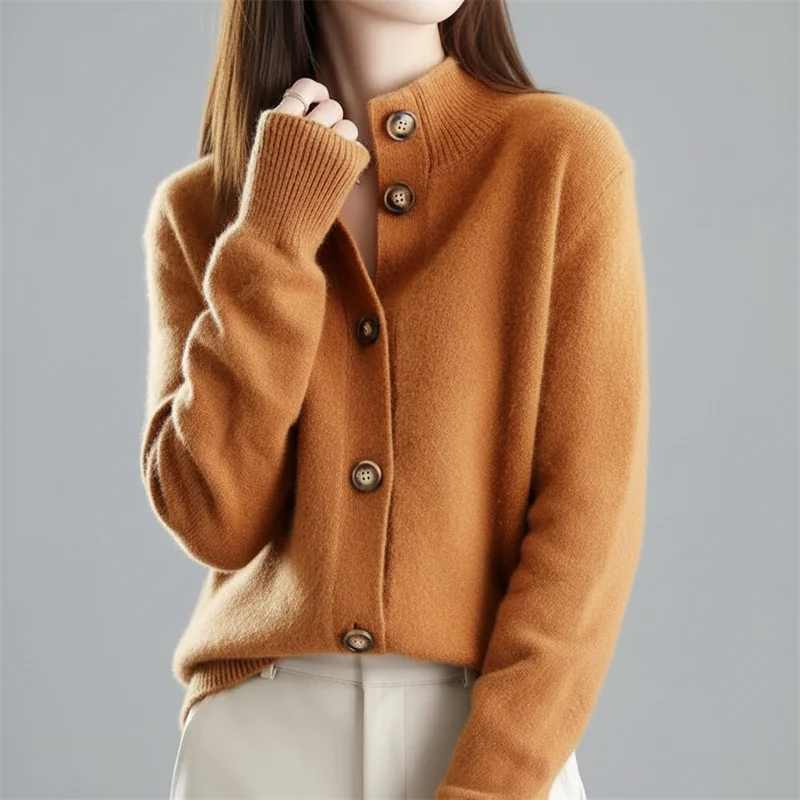 Damen-Strickcardigan – Lässiger koreanischer Stehkragenpullover