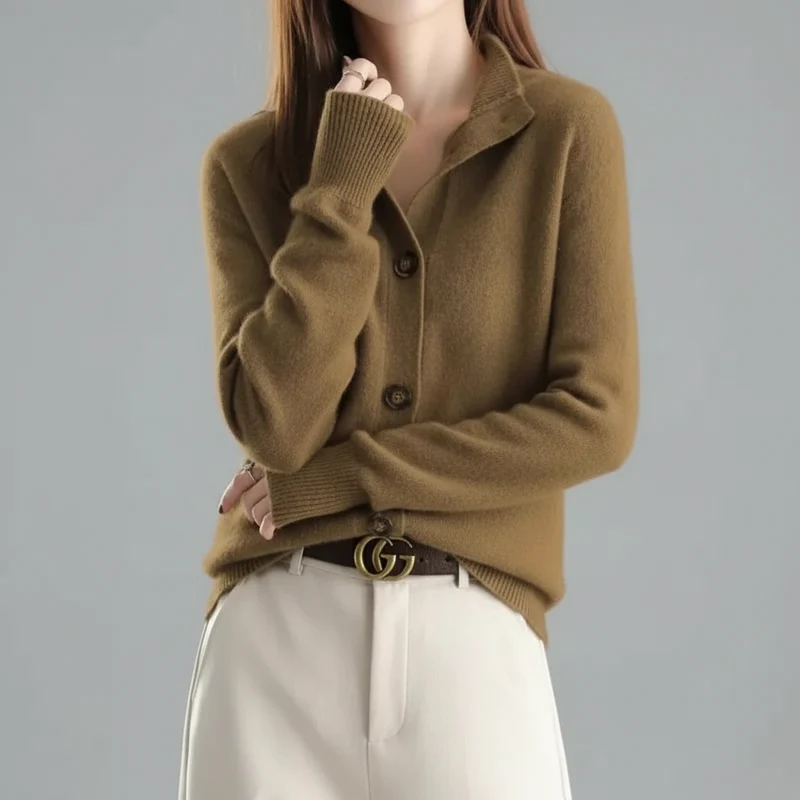 Damen-Strickcardigan – Lässiger koreanischer Stehkragenpullover