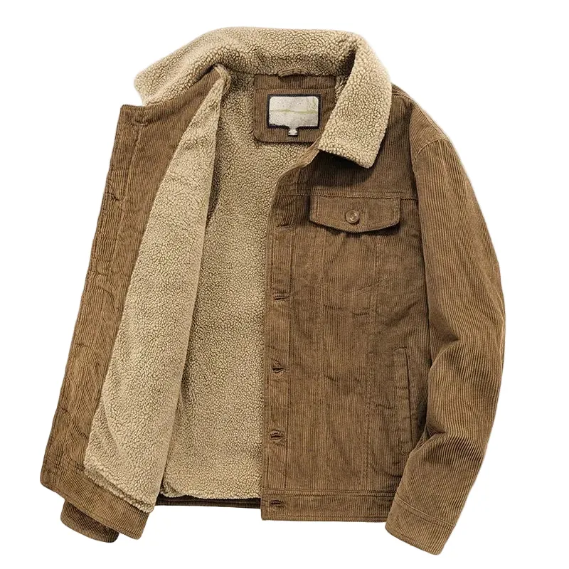 Vintage-Cordjacke in Khaki mit dickem, fleecegefüttertem Parka und Retro-Jagdpelzkragen