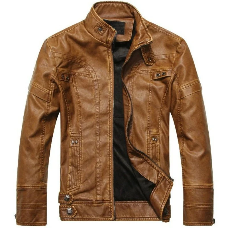 Herren-Motorradjacke aus Leder mit Fleecefutter – Freizeitmantel aus PU-Leder für Herbst und Winter