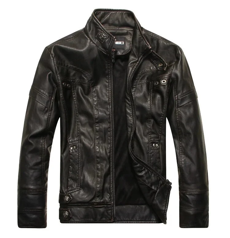 Herren-Motorradjacke aus Leder mit Fleecefutter – Freizeitmantel aus PU-Leder für Herbst und Winter