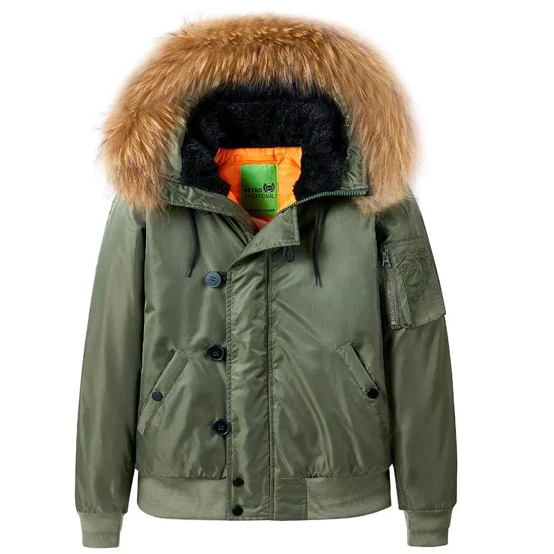 Winter-Militärjacke für Herren mit Pelzkragen und Kapuze