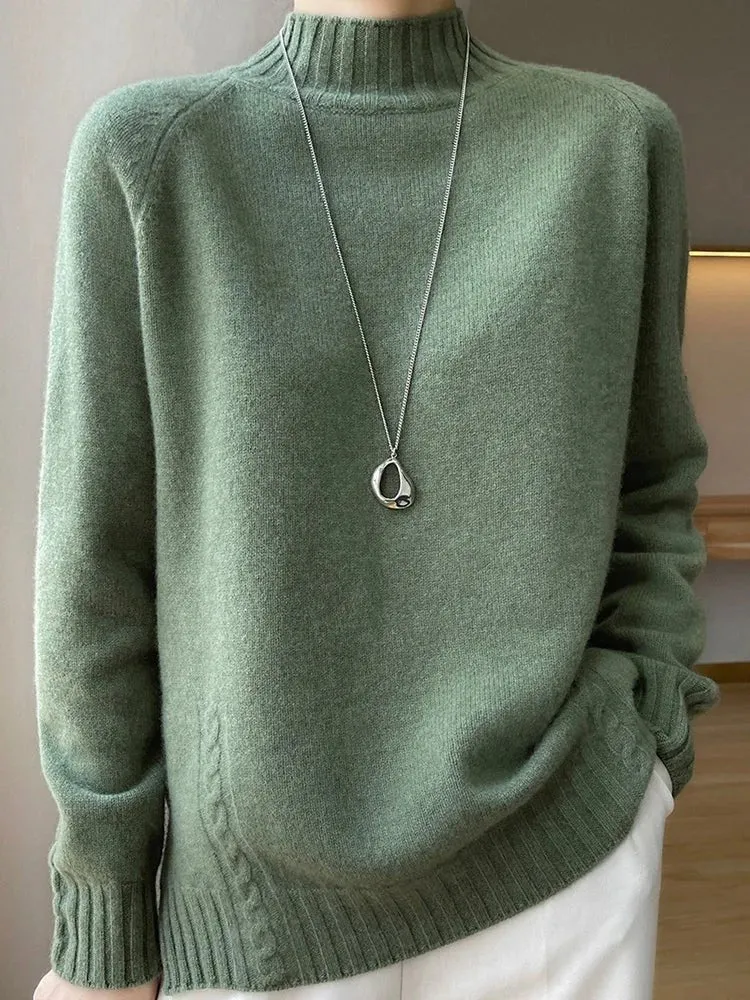 Damen-Wollpullover – 100 % Merinowolle, Stehkragenpullover mit Raglanärmeln für Herbst und Winter