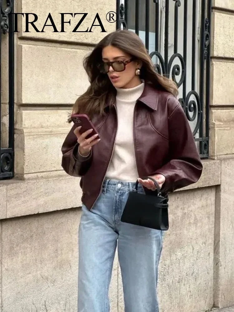 TRAFZA Vintage Damen-Bomberjacke – Langärmliger, lockerer Kurzmantel mit Reverskragen und Reißverschluss für den Herbst