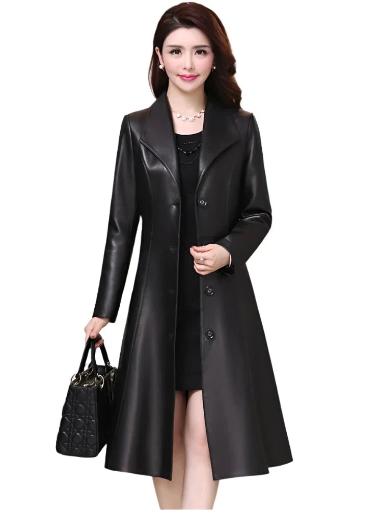Nerazzurri Damen-Kunstlederjacke – Elegante, lange, schwarze, weiche Slim-Fit-Jacke mit langen Ärmeln und Knopfleiste für Frühling und Herbst