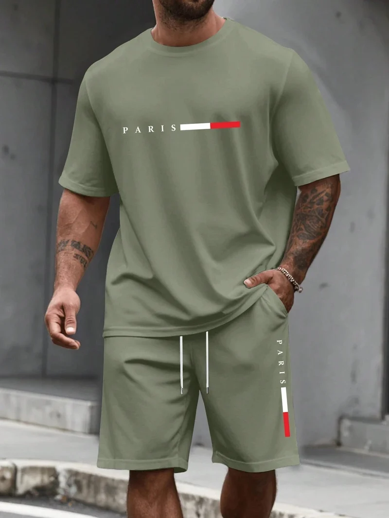 Herren-Sommer-Trainingsanzug-Set – 2-teiliger Kurzarm-Laufanzug mit Rundhalsausschnitt und T-Shirt in Übergröße