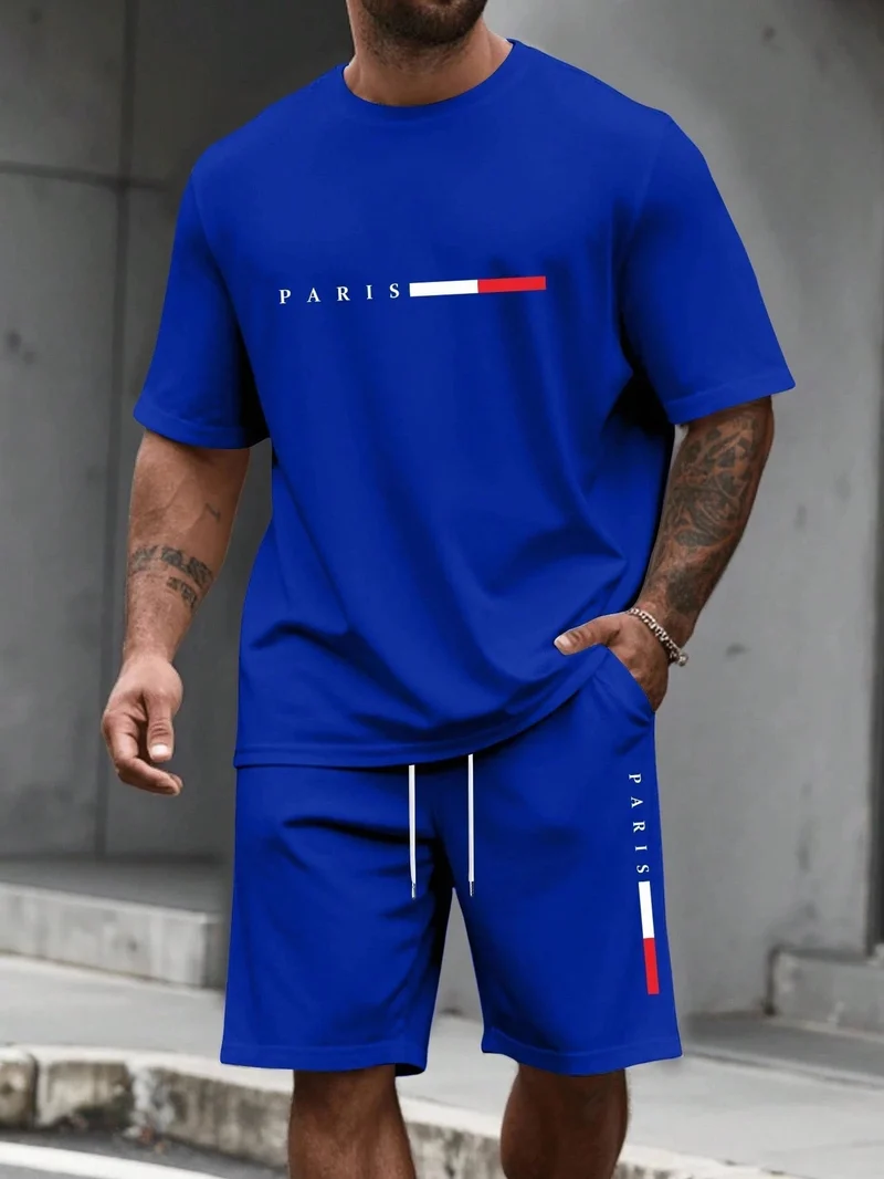 Herren-Sommer-Trainingsanzug-Set – 2-teiliger Kurzarm-Laufanzug mit Rundhalsausschnitt und T-Shirt in Übergröße