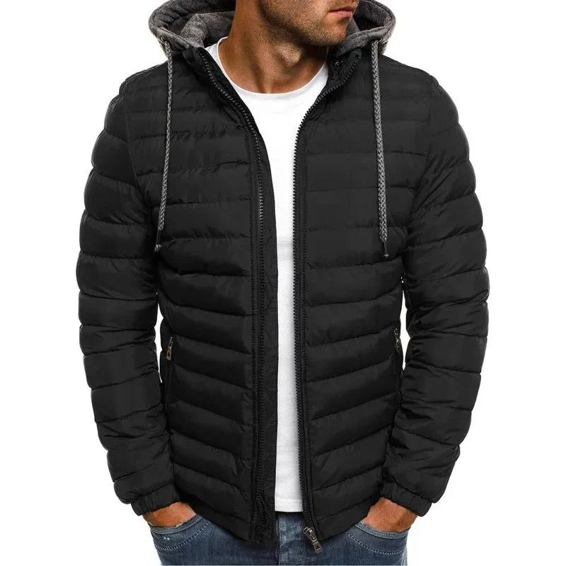 Wattierte Herren-Strickjacke mit abnehmbarer Kapuze und Kordelzug für warme Wintertage