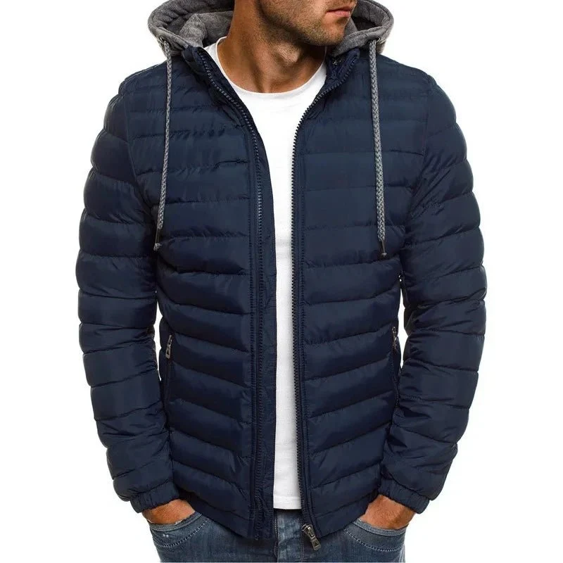 Wattierte Herren-Strickjacke mit abnehmbarer Kapuze und Kordelzug für warme Wintertage