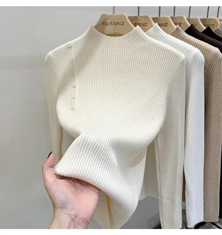 Schmal geschnittener Damen-Rollkragenpullover mit Knöpfen – weicher Stretch-Strickpullover für Herbst/Winter