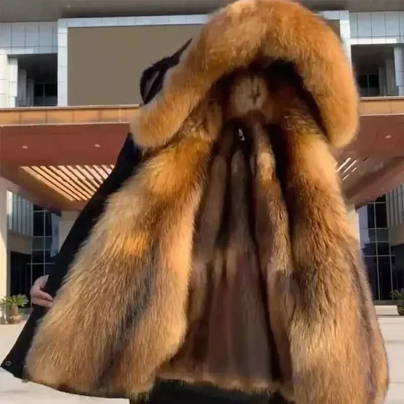 Elegante Winterjacke mit Pelzkapuze – Langer Herrenmantel