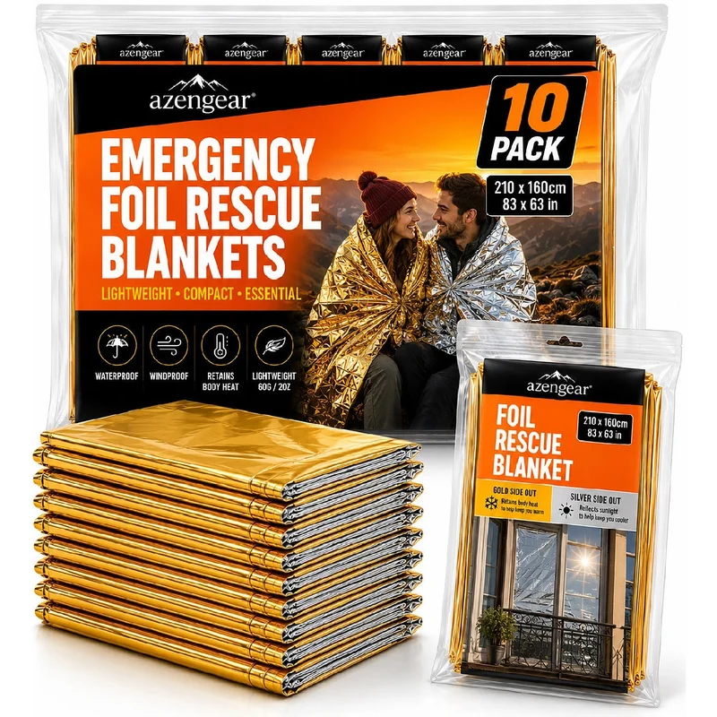 Emergency Rescue Foil Blankets (10 Pack), Thermal Mylar, Waterproof